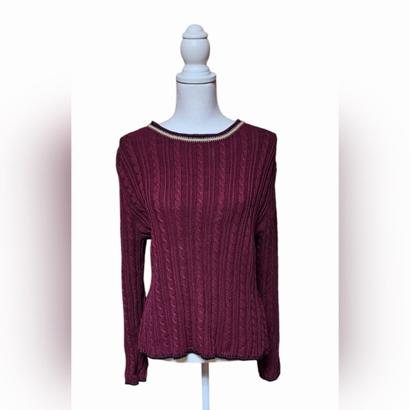 Christopher & Banks Sweater Size Medium Burgundy Cable Knit Christmas Women's - Picture 2 of 8